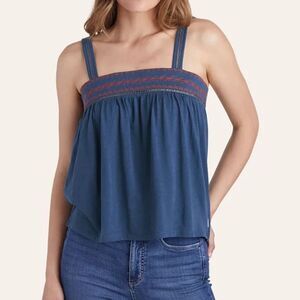 Eddie Bauer Gate Check Embroidered Navy Blue Square-Neck Tank Top | Size Medium